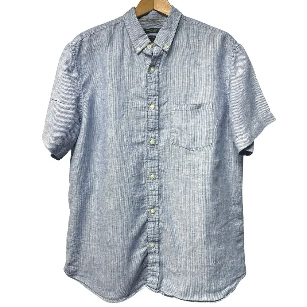 Banana Republic Mens 100% Linen Short Sleeve Shirt XL Blue White Stripe Preppy